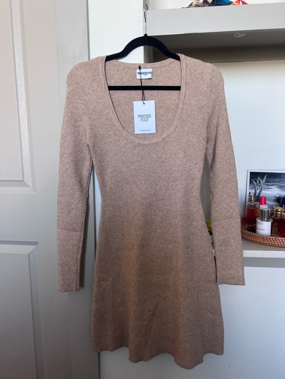 Princess Polly Long Sleeve Ribbed Knit Dress - Beige